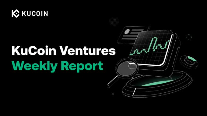 A KuCoin Ventures “Weekly Report” cover features the KuCoin logo and an illustration of financial charts, a magnifying glass, and stacked coins. It promotes the latest report covering Fed Chair Warsh’s tightening signals, spot ETH ETF inflows of $824M+, and RWA-backed memestock narratives on Robinhood Chain.