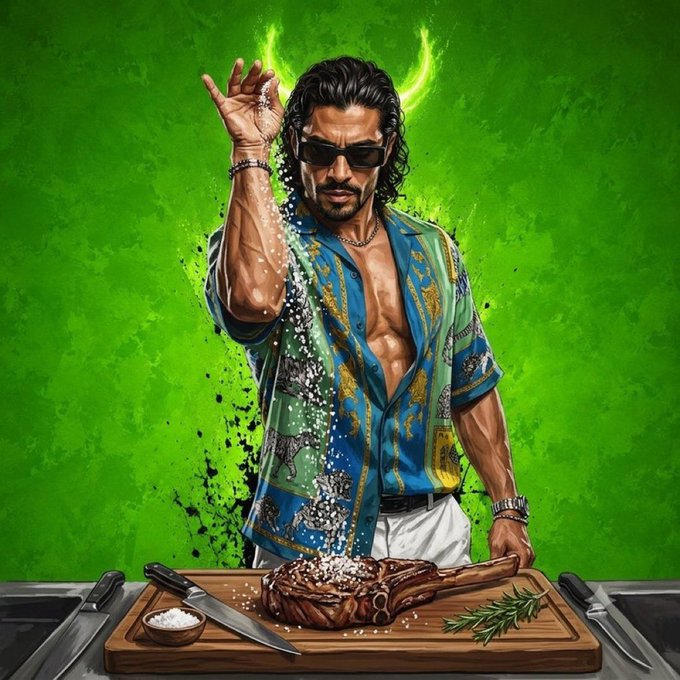 A digital artwork shows a muscular man in an open patterned shirt sprinkling salt over a large tomahawk steak on a cutting board, with knives and herbs nearby against a vibrant green backdrop.