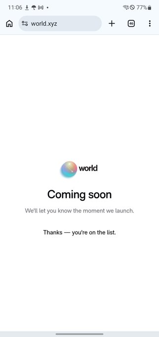 A mobile screenshot of world.xyz showing a "Coming soon" landing page with the message "We'll let you know the moment we launch. Thanks — you're on the list," confirming successful waitlist signup for the mysterious World project.