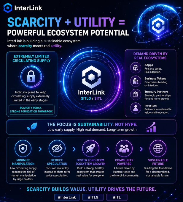 A poster or advertisement that shows a logo for a company named Interlink. It's a purple and blue color scheme with an unusual shape, resembling a circle with a hexagon at its center. The central focus of the advertisement appears to be scarcity and utility, representing how the company offers value through utility and sustainability in their ecosystem potential. There is a white text at the bottom that says "Scarcity + Utility = powerful ecosystem potential. InterLink plans to keep circulating supply extremely limited early on while demand comes from dApps, Business Tokens, treasurers and investors." The advertisement also includes several icons related to Interlink's core values such as "efficiency", "efficiency" being displayed near a tree icon and the words "sustainability".