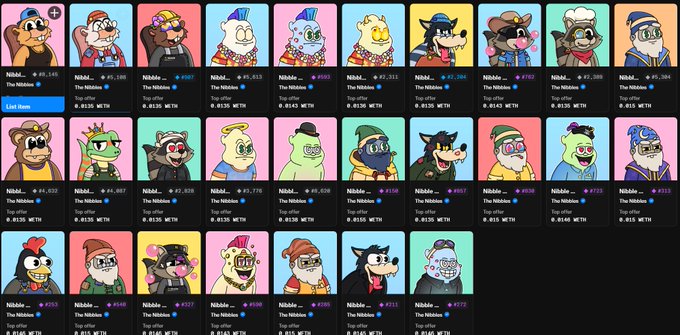 A screenshot of an NFT marketplace displaying a grid of cartoon character avatars with various price tags in ETH/WETH denominations.