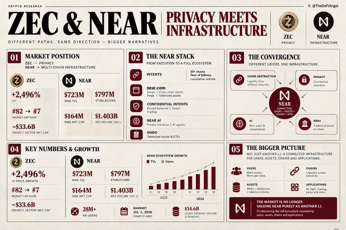 A crypto research infographic titled "ZEC & NEAR: Privacy Meets Infrastructure" comparing Zcash's 2,496% 1-year price growth and $33.6B privacy sector market cap against NEAR Protocol's $164M market cap and $1.403B DEX volume, outlining their roles in privacy and multi-chain infrastructure respectively. The post's caption highlights how $ZEC serves as a reference point for privacy while $NEAR functions as the underlying infrastructure for an evolving multi-chain, AI-driven ecosystem.