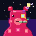 Pixel art depicting a pink, bear-like character against a dark starry background.