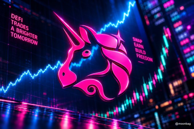 A vibrant pink neon unicorn (Uniswap's iconic logo) glows against a backdrop of blue and cyan trading charts and cityscapes, surrounded by the slogans "DEFI TRADES A BRIGHTER TOMORROW" and "SWAP EARN BUILD FREEDOM." The imagery captures the post's celebration of Uniswap's surging tokenized stock TVL ($82.8M in 30 days), with the unicorn symbolizing the platform's growing onchain utility for tokenized equities.