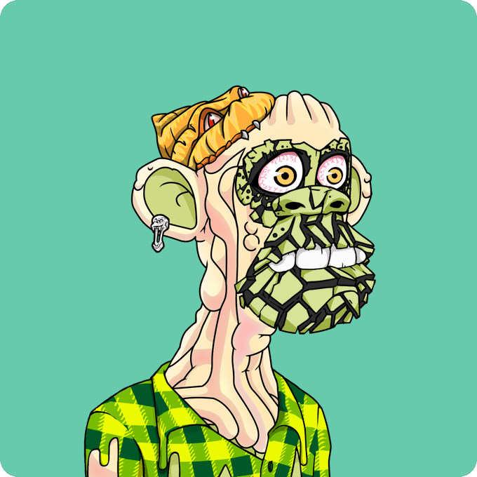 A stylized digital illustration depicts a surreal figure with an elongated, pale, muscular neck, a face made of green stone-like blocks, wide cartoonish eyes, an earring, and a small orange cat-like creature resting on its head, wearing a green and yellow checkered shirt.