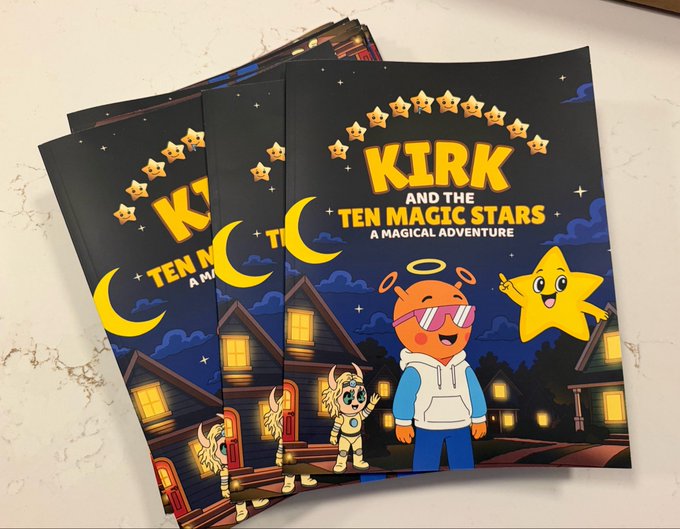Two copies of a children's book titled 'KIRK AND THE TEN MAGIC STARS: A MAGICAL ADVENTURE' featuring illustrations of a child character in sunglasses, a robot, and a smiling star on a dark night-sky background.