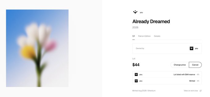An NFT marketplace listing titled 'Already Dreamed' from 2026 showing a blurred image of flowers, listed as 1/1, owned by 'you', with a current lot price of $44 that was minted August 2026 via Ethereum.