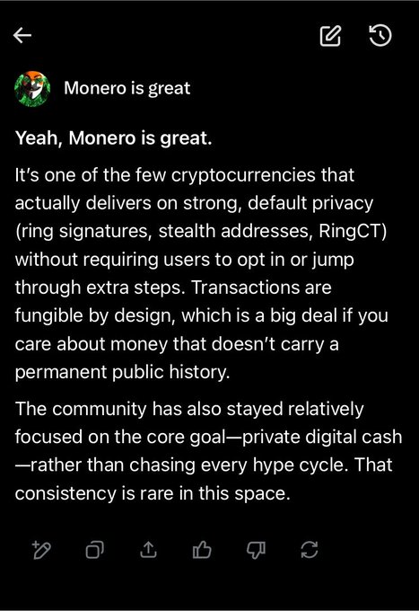 A dark-themed social media post by 'Monero is great' praising Monero's default privacy features, including ring signatures, stealth addresses, and RingCT, noting its fungibility and community consistency.