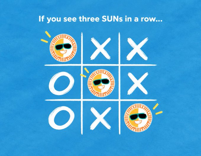 Illustration showing a tic-tac-toe game where suns (with sunglasses icons) appear in a diagonal winning row, with text reading 'If you see three SUNS in a row...'.