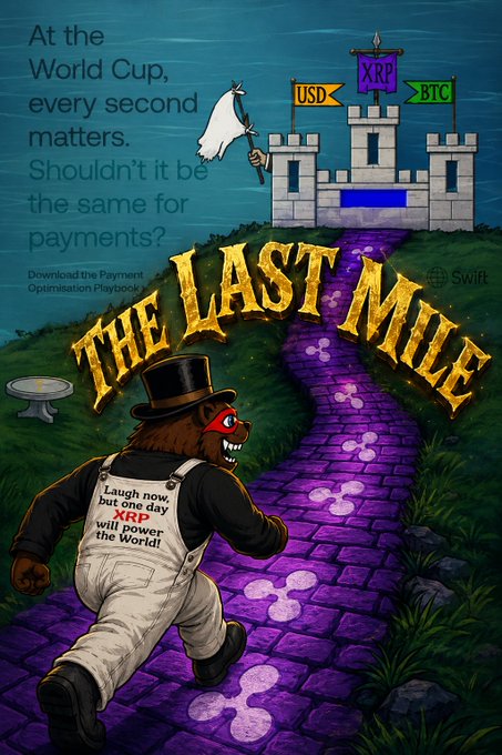 The image is a promotional graphic featuring a bear character in a top hat and overalls (labeled "Laugh now, but one day XRP will power the World") walking down a purple "Yellow Brick Road"-style path toward a castle flying USD, XRP, and BTC banners. Text reads "At the World Cup, every second matters. Shouldn't it be the same for payments? Download the Payment Optimisation Playbook" alongside SWIFT branding and the bold title "THE LAST MILE," directly visualizing the post's theme of SWIFT exposing payment inefficiencies while framing XRP/Ripple as the solution.