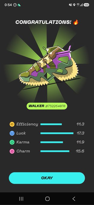 A mobile game screen displays a 'CONGRATULATIONS! 🔥' message featuring a colorful cartoon sneaker, with stats showing Efficiency 11.3, Luck 17.3, Karma 11.9, and Charm 15.6 for the username 'WALKER #752264070'.