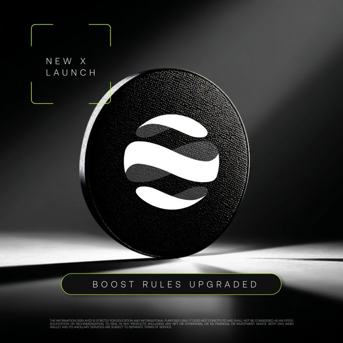 The image features a sleek, dark-toned promotional graphic for a "NEW X LAUNCH" with "BOOST RULES UPGRADED," centered around a textured black coin displaying a wavy "X" logo. It ties to the post's announcement about Boost Tilt as the first initiative in OKX's RWA ecosystem on X Layer, symbolizing the launch of new resource-allocation rules designed to drive liquidity and projects.