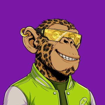 An illustrated cartoon character resembling a leopard with sunglasses and a green varsity jacket against a purple background.