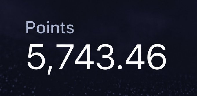 The image displays a dark, starry background with the text "Points" and the number "5,743.46" prominently featured in white, representing a points balance. This aligns with the post about accumulating Variational points, showing the substantial number needed to reach significant value (£36k) ahead of the TGE.