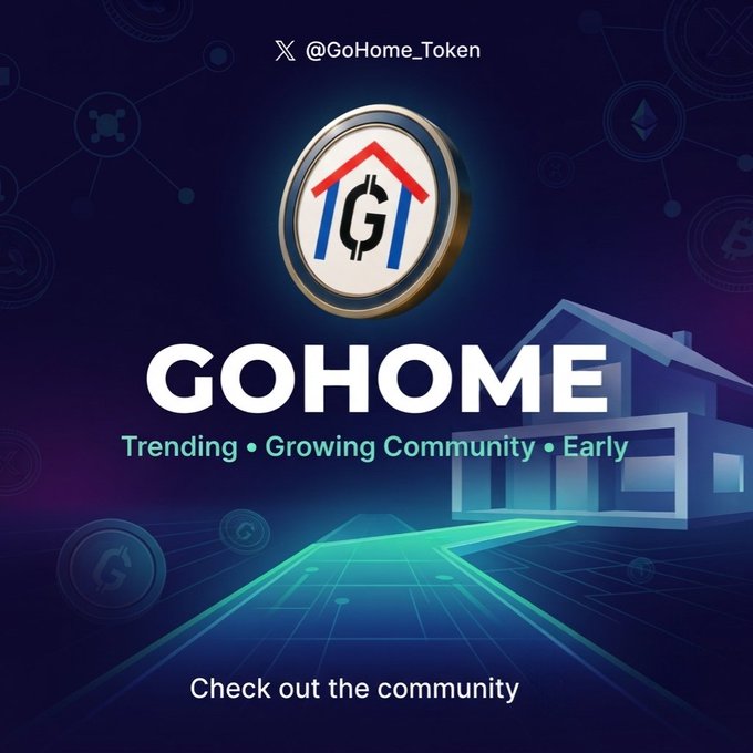 Promotional graphic for a cryptocurrency called 'GOHOME' with the Twitter handle @GoHome_Token, featuring a logo with a 'G' inside a house shape, set against a dark blue background with network nodes and a modern house illustration.