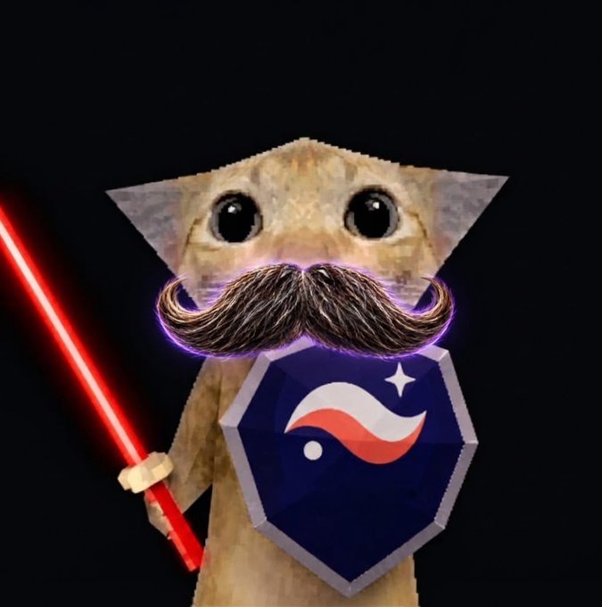 A humorous 3D rendering of a triangular, tan creature with large round eyes and a prominent mustache, holding a red lightsaber and a hexagonal shield bearing a red and white wave logo, set against a dark background.