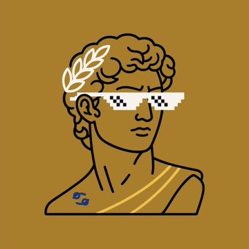 A line-art illustration of a classical bust wearing pixelated "deal with it" sunglasses and a laurel wreath, rendered in a minimalist gold-and-black style that evokes the Greco-Roman heritage often associated with blockchain permanence. The laurel and dignified pose visually reinforce the post's theme of NFTs evolving into something prestigious and foundational, as the project positions itself as a new "crowned" standard for tokenized digital assets.