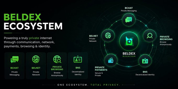 An infographic titled "BELDEX ECOSYSTEM" highlighting components including BCHAT, BELNET, PRIVATE BROWSING, BNS, and PRIVATE PAYMENTS, with the tagline "ONE ECOSYSTEM. TOTAL PRIVACY."