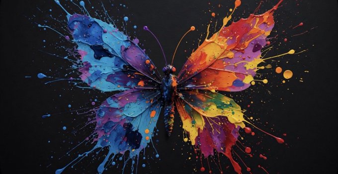 A vibrant digital artwork of a butterfly with wings splattered in colorful paint against a black background, creating a dynamic explosion of blue, purple, orange, yellow, and red hues.