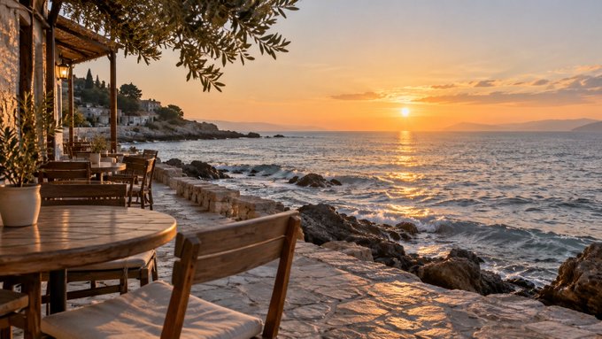 A scenic seaside restaurant at sunset, with wooden tables and chairs arranged on a stone patio overlooking the ocean.