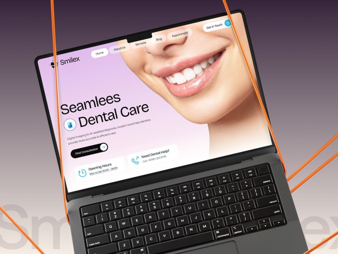 A mockup of a laptop displaying a dental care website called "Smilex" featuring a large close-up image of a smiling woman with white teeth, navigation links (Home, About Us, Services, Blog, Appointment), and call-to-action buttons for consultation and operating hours.