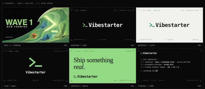 A brand identity mood board for 'Vibestarter' featuring six panel designs with themes like 'WAVE 1 NOW FORMING,' 'MIDNIGHT,' 'DAWN,' and 'INVESTOR' in green, white, and black color schemes.