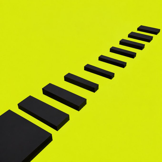 A 3D rendering shows black rectangular blocks arranged in a descending staircase pattern against a bright yellow background.