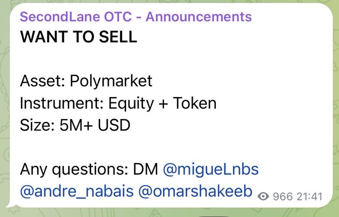 A Telegram message in 'SecondLane OTC - Announcements' with the text 'WANT TO SELL' for the asset 'Polymarket' (Equity + Token) at a size of '5M+ USD', directing questions to @migueLnbs, @andre_nabais, and @omarshakeeb.