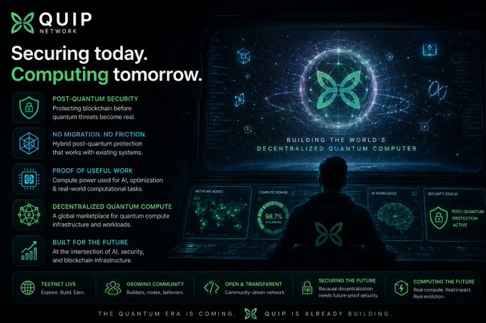 The image features an advertisement for Quip Network Security that highlights their focus on securing today's computing tomorrow. The poster includes a man sitting at a computer, which is part of the company's security suite. The text on the poster emphasizes the importance of protecting data and systems from cyber threats using advanced technology like quantum computing. The post also mentions how early they are in developing solutions to address these challenges before the quantum era arrives fully.