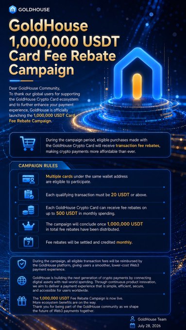 A promotional graphic from GoldHouse announcing a "1,000,000 USDT Card Fee Rebate Campaign" dated July 28, 2026, detailing campaign rules including eligibility for multiple cards per wallet, a minimum 20 USDT transaction requirement, up to 500 USDT monthly fee rebates, and monthly settlement of credits. The design features a glowing blue house-shaped "U" emblem and digital imagery, aligning with the accompanying post about rewarding GoldHouse Crypto Card users with transaction fee rebates.