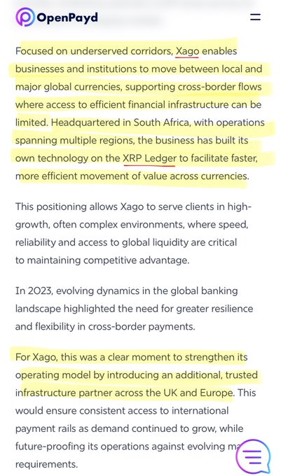 The image is a screenshot of an OpenPayd article explaining that Xago, a South Africa-based cross-border payments firm built on the XRP Ledger, has partnered with OpenPayd to gain access to UK and European payment rails, enhancing its ability to move funds between local and major global currencies in underserved corridors. The highlighted text emphasizes Xago's focus on cross-border corridors, its XRP Ledger foundation, and its need for an additional trusted infrastructure partner in the UK/Europe to strengthen resilience and future-proof its operations—aligning directly with the post's claim about Xago securing SWIFT-style rails via OpenPayd to expand multi-currency reach on XRPL infrastructure.