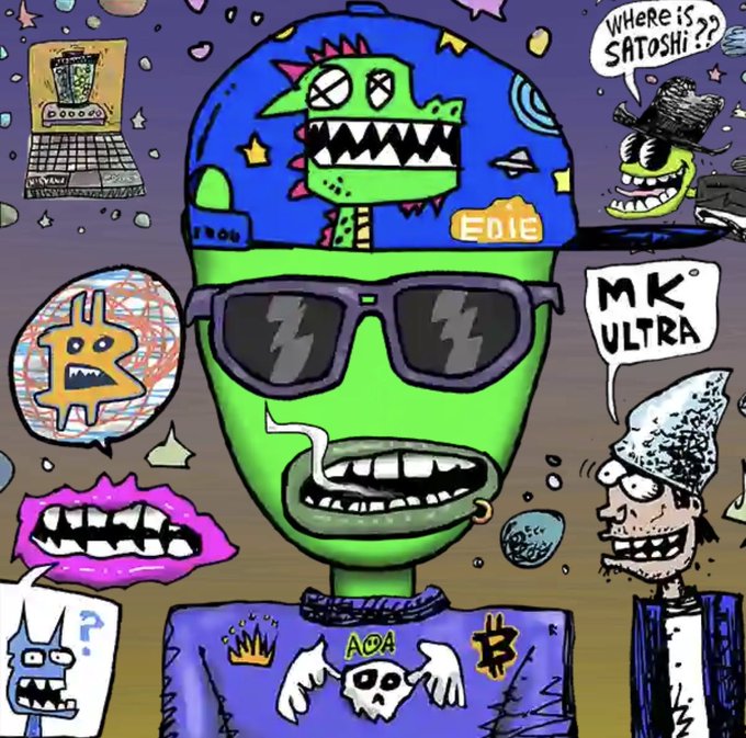 A chaotic cartoon illustration featuring a green character in sunglasses wearing a blue cap labeled 'EDIE', surrounded by floating figures asking 'WHERE IS SATOSHI??', with references to 'MK ULTRA', a Bitcoin symbol, and AC/DC.