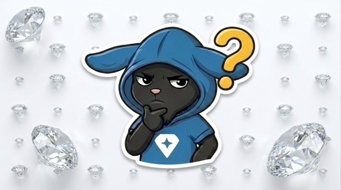 The image features a black cat wearing a blue hoodie with a yellow question mark above its head, suggesting that it has a thought or is pondering something. The background of the image consists of numerous diamonds scattered across various sizes and shapes, creating an interesting contrast between the dark fur of the cat and the bright white diamonds. This unique combination of elements makes for an eye-catching and memorable visual experience.