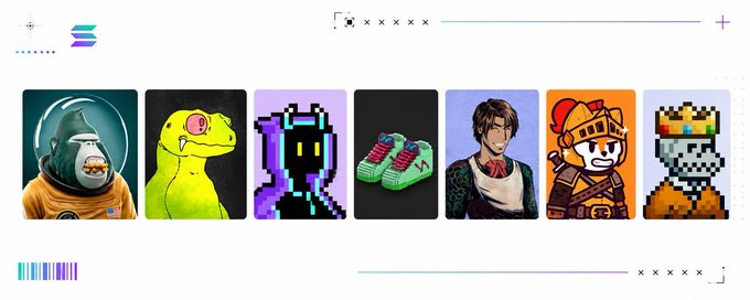 A horizontal carousel of seven NFT-style digital art pieces including a space gorilla, neon dinosaur, pixel character, pixel sneakers, an anime character, a knight warrior, and a pixel king.
