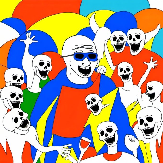 The image features a man wearing sunglasses, surrounded by a group of people dressed as skulls with various colors including blue, red, yellow, green, and orange. The man appears to be holding a wine glass while standing among these unique characters. The scene is set against a colorful background filled with balloons in different shapes and sizes. The image also includes text that reads "we're really getting OpenSea perps before an airdrop." This suggests that the group of people dressed as skulls are participating in an event or gathering related to the game "Minecraft" or possibly a themed party, where attendees dress up in costumes for fun and entertainment purposes.