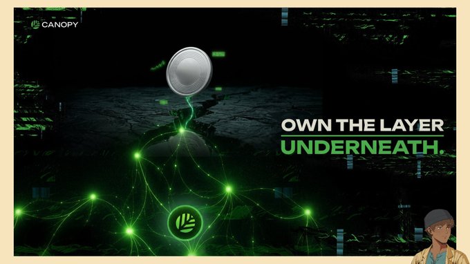 A Canopy promotional image with the tagline 'OWN THE LAYER UNDERNEATH.' depicting a glowing green network with a coin connected to roots underground, featuring an anime-style character in the corner.