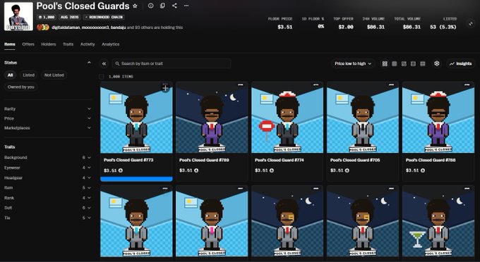 An NFT marketplace listing titled 'Pool's Closed Guards' showing multiple pixel-art avatar NFTs priced around $3.61 each, with stats displaying floor price, owners, and volume.