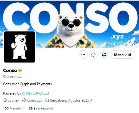 A Twitter/X profile page for @conso_xyz, a 'Consumer Graph and Payments' account powered by @WalrusProtocol based in Sydney, featuring a cartoon bear avatar in a Hawaiian shirt.