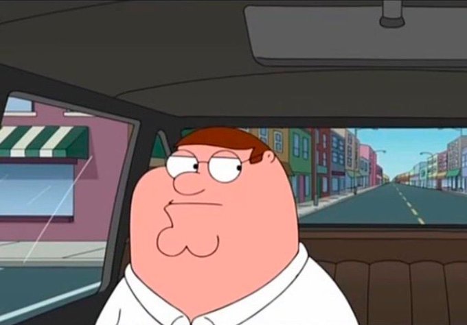 Peter Griffin from Family Guy sits in the passenger seat of a car with a skeptical, deadpan expression, perfectly capturing the suspicion in the post's question about whether someone joined the Fomo app for genuine trading or just content creation.