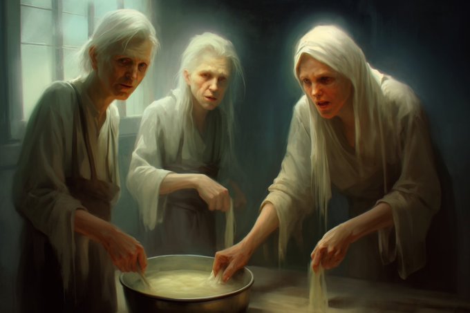 An illustration depicts three ghostly, white-haired figures with long white beards gathered around a bowl, wearing simple robes in a dimly lit setting.