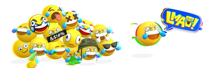 A group of laughing-crying emoji faces in various expressions cluster together, while a single emoji to the right bursts out of the group with a speech bubble reading "LMAO!" — visually representing the $LMAO token update mentioned in the post, using the popular "LMAO" meme reaction to highlight the juicy dexscreener news.