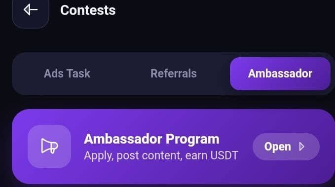 A screenshot of the Ultra Wallet app's "Contests" page showing the Ambassador Program tab selected, with an option to "Open" the program to apply, post content, and earn USDT. This aligns with the post announcing the user's official enrollment in the Ultra Wallet Ambassador Program.