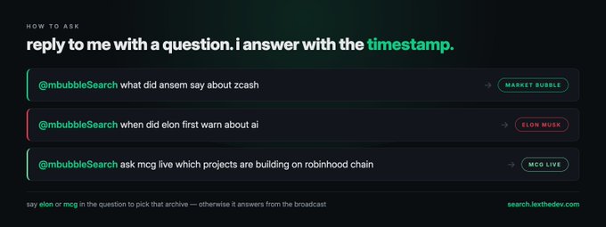 A digital interface titled 'HOW TO ASK' instructs users to reply with a question for timestamped answers, featuring example queries about Zcash, Elon Musk, and Robinhood chain projects.