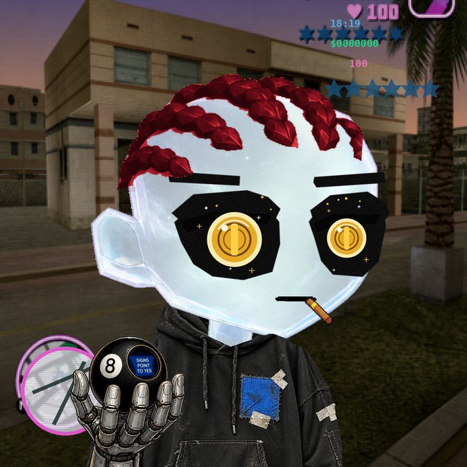 A screenshot from a Grand Theft Auto-style video game showing a stylized character with a white mask featuring yellow mechanical eyes and red braided hair, holding a robotic hand up near a mini-map and health/status indicators.