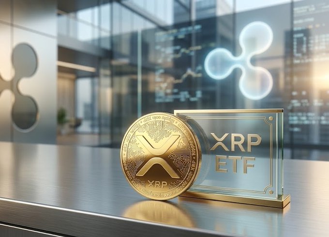 A digital rendering showing a gold XRP coin next to a glass plaque reading "XRP ETF," with the Ripple logo glowing in the background of a modern office setting.