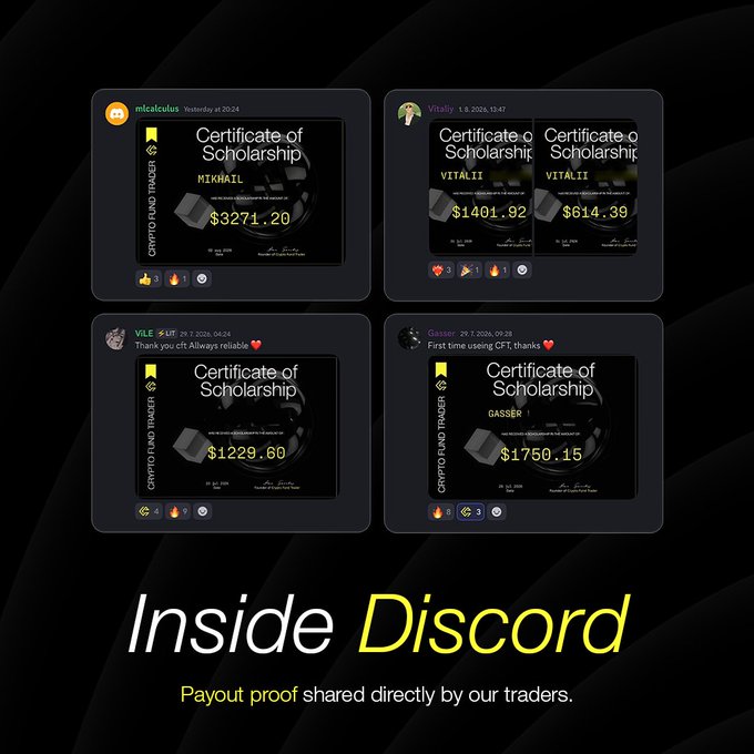 Discord messages show traders sharing "Certificate of Scholarship" payout proofs—including $3271.20 (mikalculus), $1401.92 (Vitalii), $614.39 (Vitalii), $1229.60 (VLE), and $1750.15 (Gasser)—reinforcing the post's celebration of traders publicly displaying their earnings without restrictive trading rules.