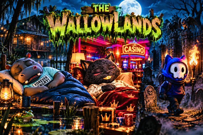 Promotional artwork titled 'THE WALLOWLANDS' featuring cartoon characters including a hippo, a cat, and a Shiba Inu in a spooky casino setting with a full moon.