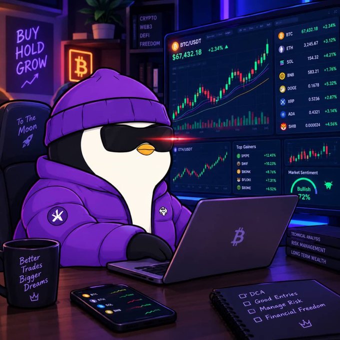 A penguin wearing a purple hoodie and red laser glasses trades crypto on a laptop, with screens showing 'BTC/USDT' at $67,432.18 and market sentiment as 'Bullish'.