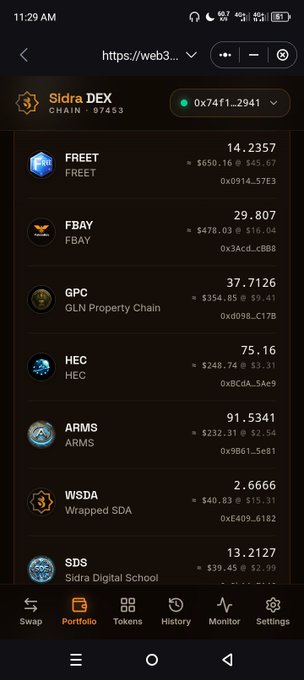 A screenshot of the Sidra DEX Portfolio interface displays token holdings including FREET at 14.2357 ($650.16), FBAY at 29.807 ($478.03), and others, with the tweet emphasizing the $15 starting price point for $SDA/Wrapped SDA token. The image showcases the actual $SDA trading at $40.83, visually supporting the post's claim that $15 was just the beginning of SDA's price appreciation.