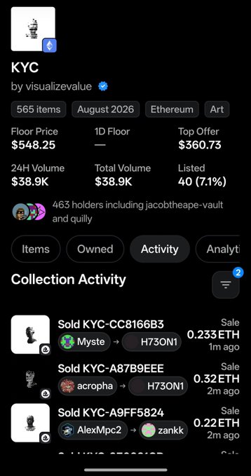 The image shows a mobile screenshot of the "KYC" NFT collection page on a marketplace, displaying key stats like a floor price of $548.25, 24H volume of $38.9K, and 565 items, with the "Activity" tab showing recent sales of individual KYC NFTs ranging from 0.22 ETH to 0.32 ETH. This relates to the post's hopeful plea, as the seller is asking for the collection's floor price to reach 1 ETH, currently far below that goal despite steady trading activity.
